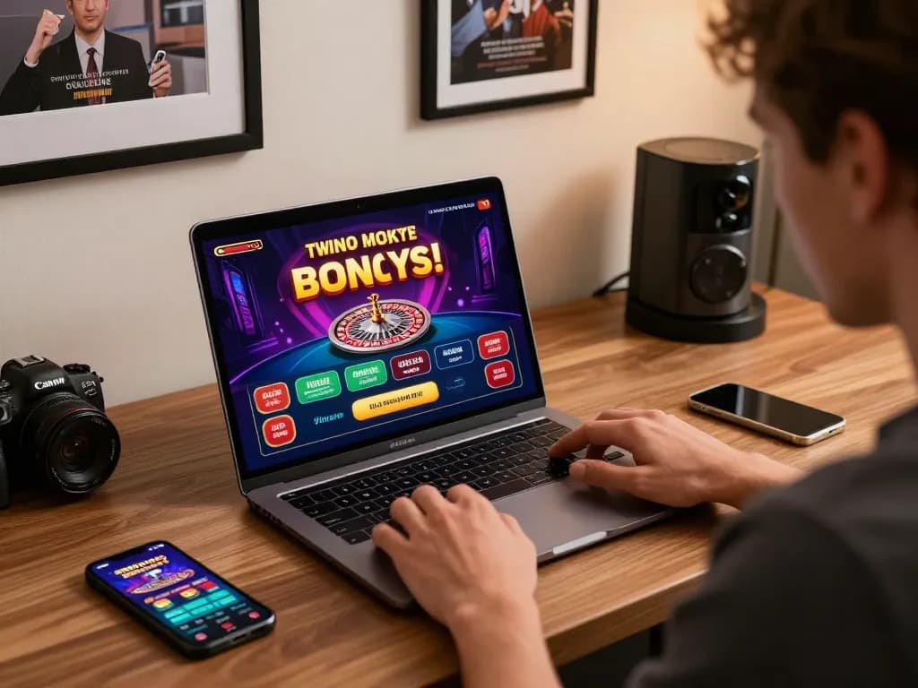 Enthusiastic player engaging on https://ledaonline.in.net/ with live casino game on laptop while surrounded by vibrant promotional materials.