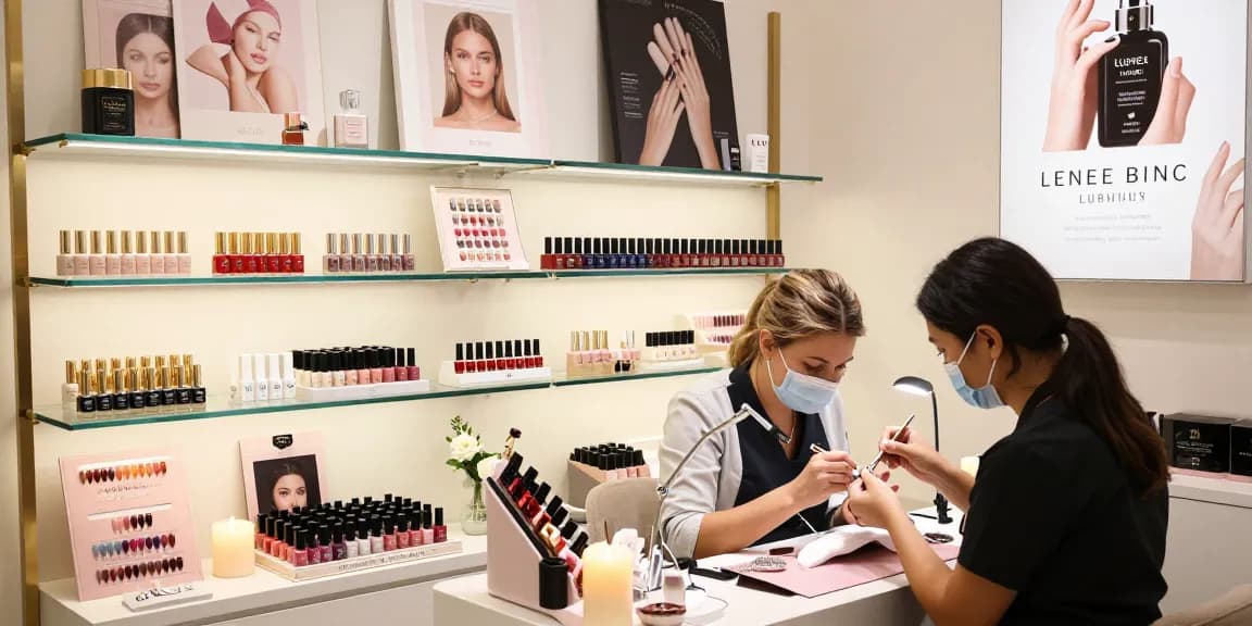 Menampilkan suasana toko perlengkapan kuku LUXURY12 dengan produk premium dan suasana mewah.