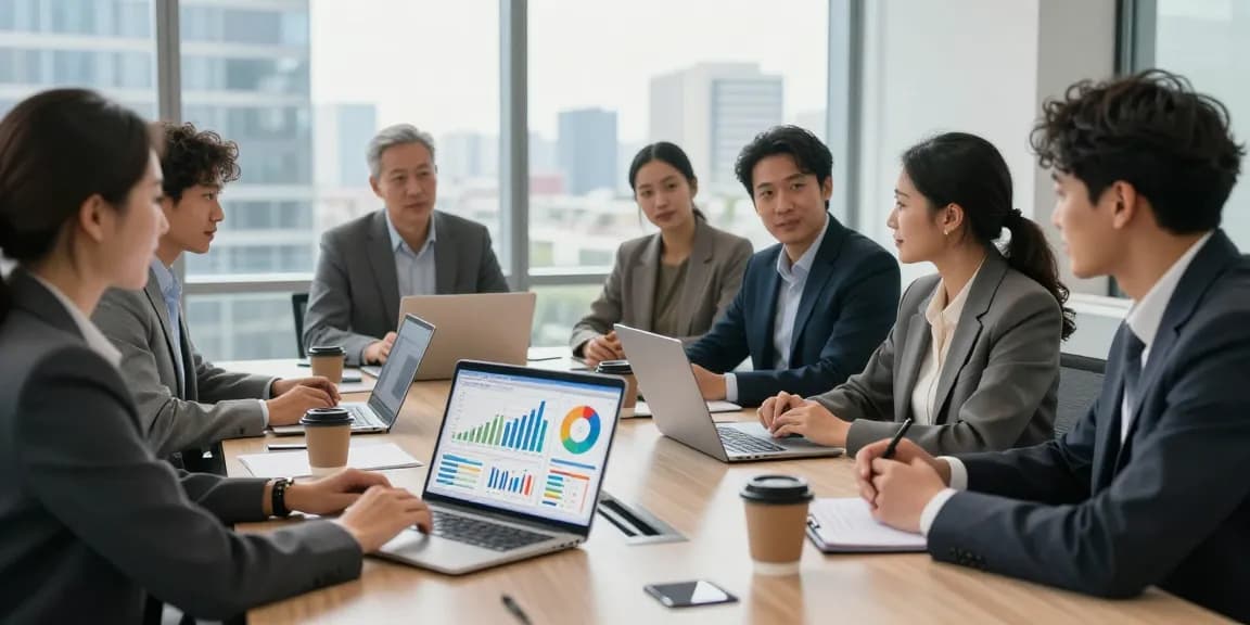 Business professionals discussing effective link slot strategies in modern office.