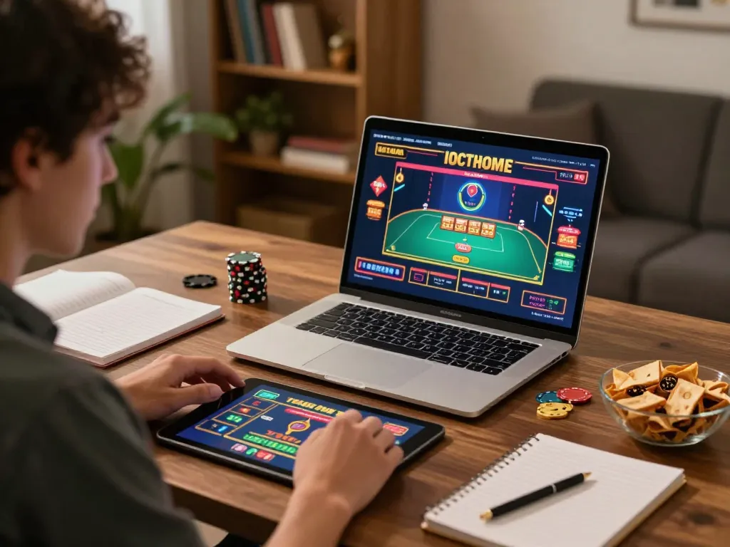 Player experiencing thabet online gaming with focused strategy notes and ambient lighting in cozy home.