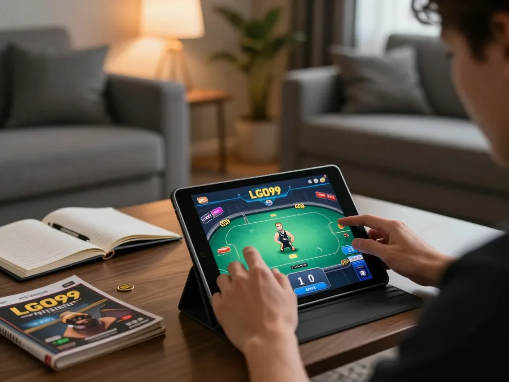 Engaging gameplay on LGO99 poker app on a tablet with player strategy notes nearby.
