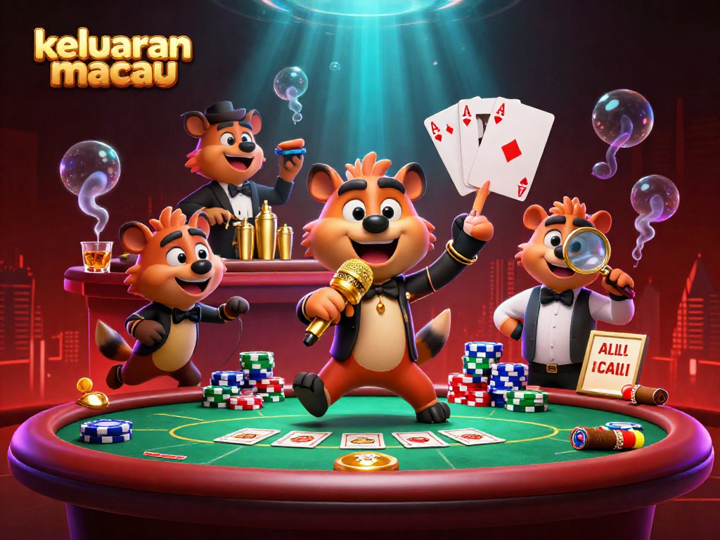 Melihat keluaran macau di kasino komedi dengan hyena, poker, dan efek neon yang memukau.