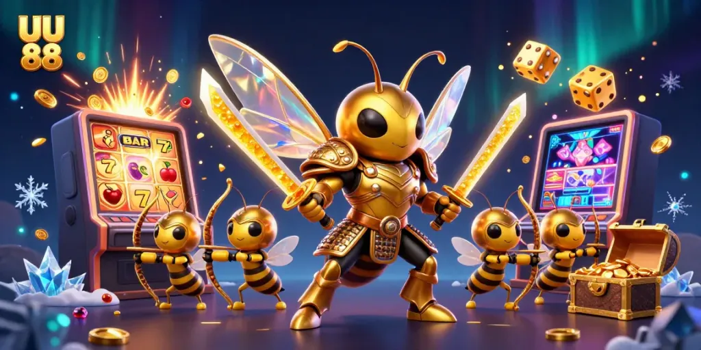 Experience the excitement of UU 88 with a vibrant 3D illustration of a golden hornet and casino elements.