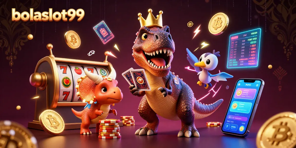 Engage with bolaslot99 as a friendly T-Rex shuffles cards in a vibrant casino scene.
