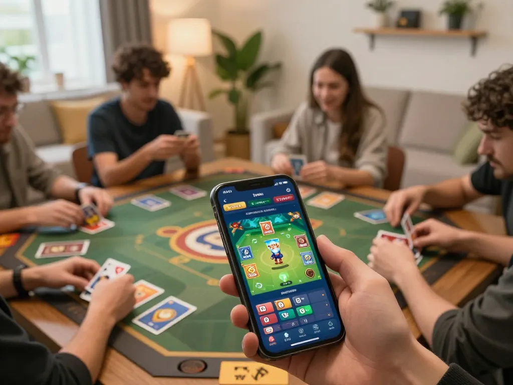 Playing top 10 game bài on a smartphone in a cozy home setup with warm lighting