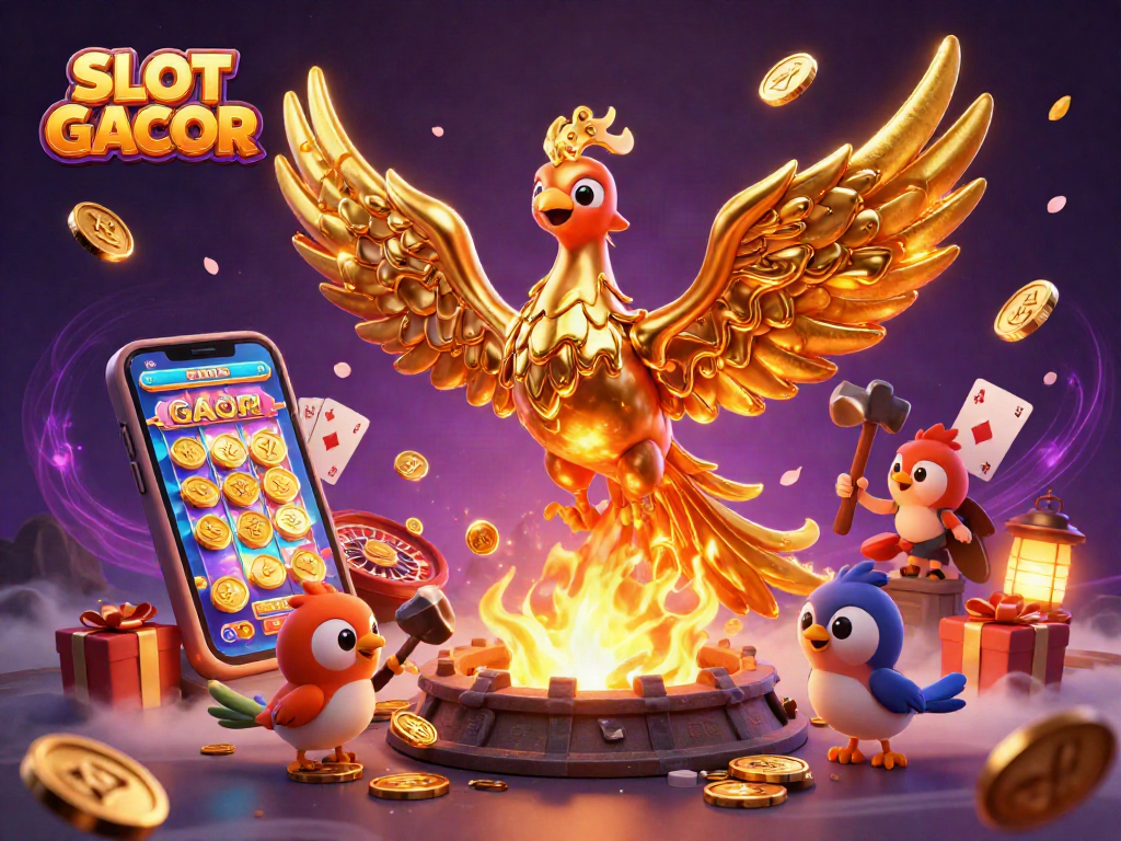 Menangkan SLOT GACOR dengan phoenix emas yang memancarkan koin dan elemen kasino.