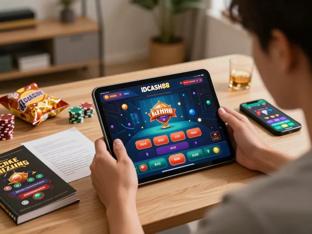 Engaging gameplay with IDCASH88 on a tablet, showcasing responsible gambling in a cozy home environment.