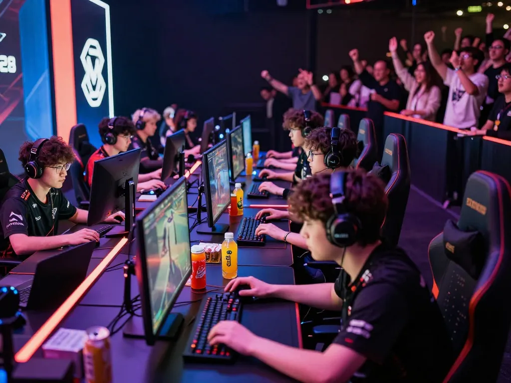MPO08 esports players strategizing for online games in an exciting competitive venue, vibrant atmosphere.