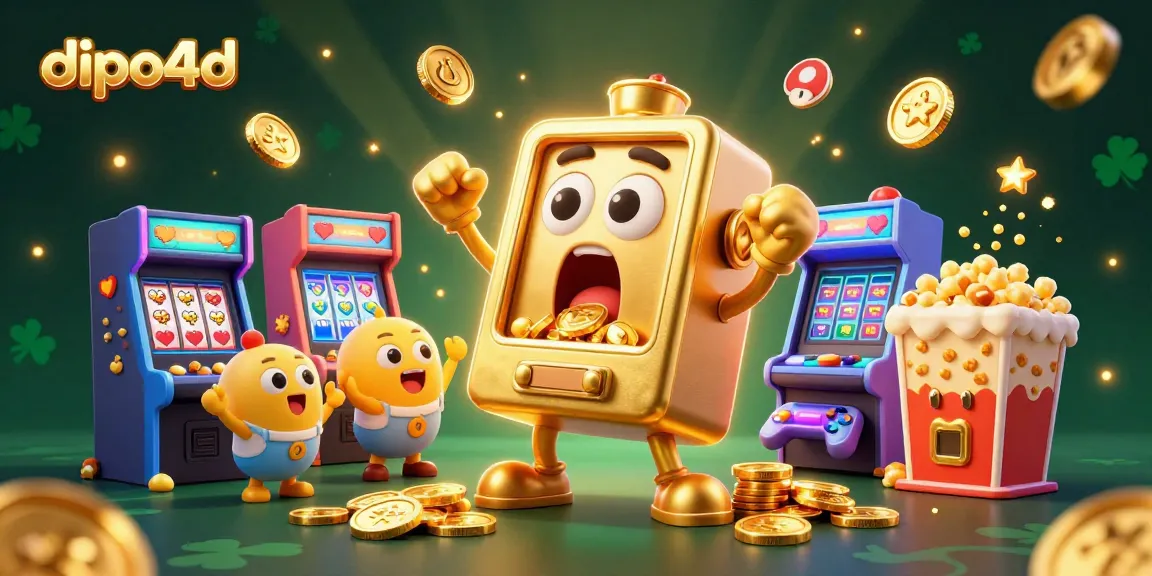 Dipo4d offers players a vibrant slot machine experience as coins cascade from the golden slot machine, creating excitement in a lively gaming atmosphere.