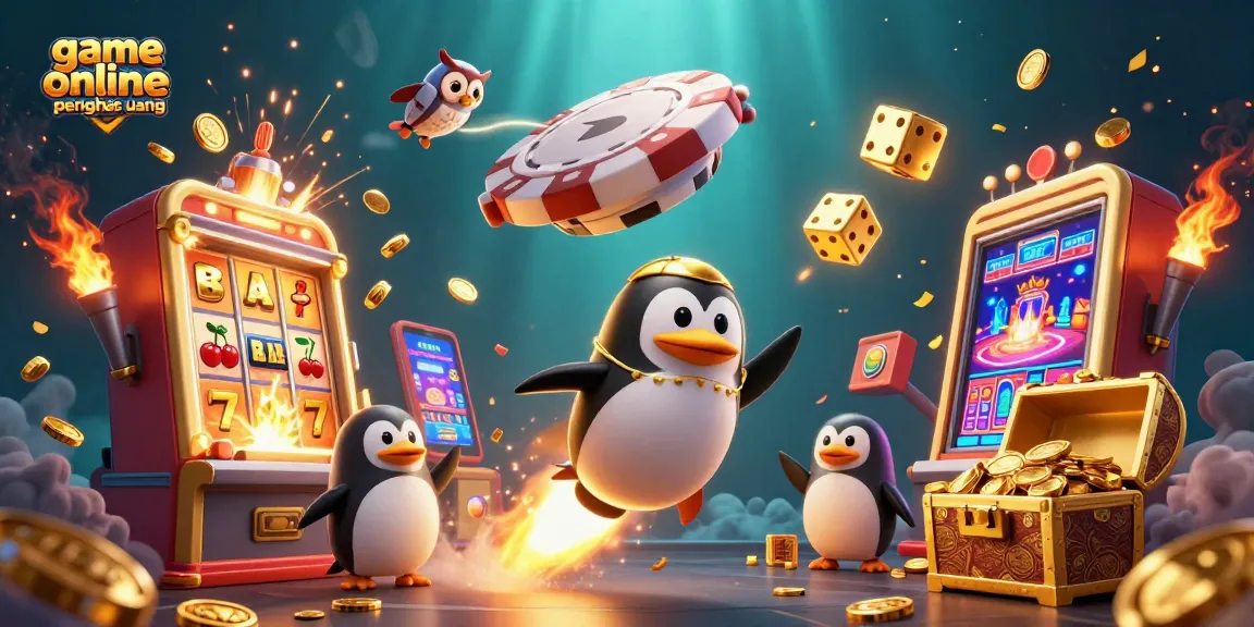 Permainan online penghasil uang dengan penguin emas terbang di atas mesin slot yang meledak dengan koin.