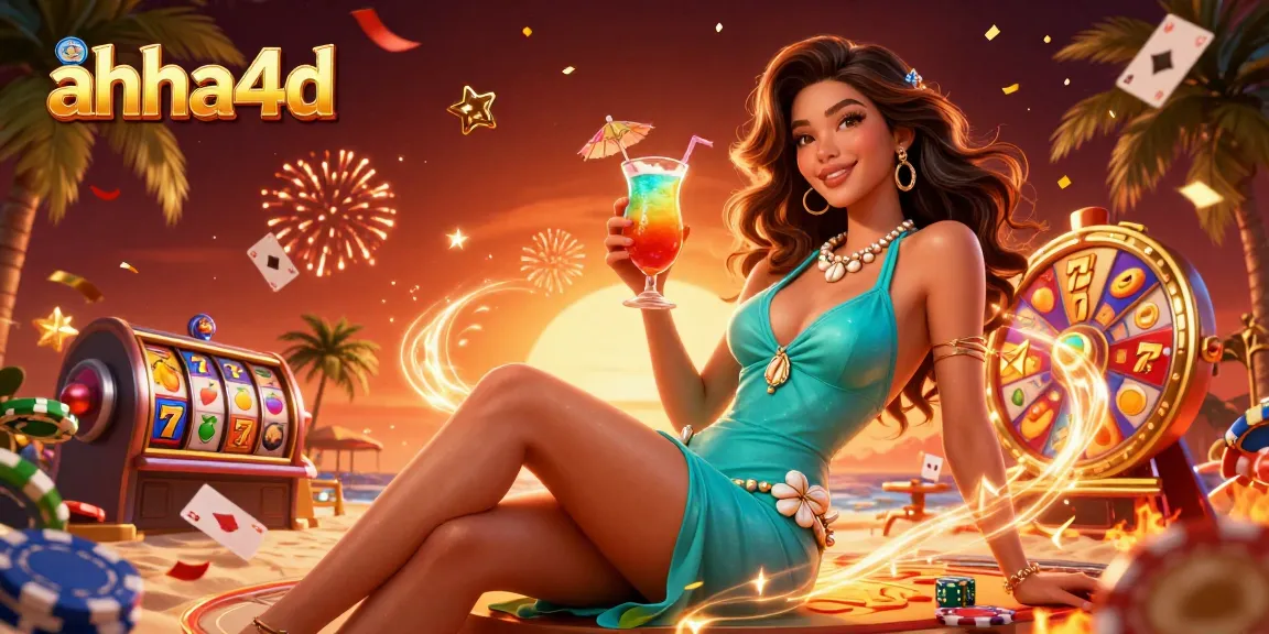 Experience thrilling gaming at ahha4d with vibrant slot reels, celebrating wins in a tropical casino setting.