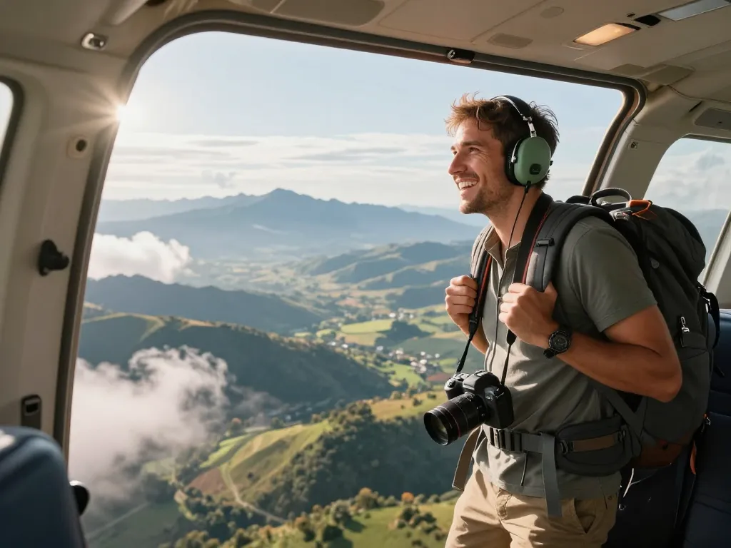 Adventurous traveler on Fly88 aircraft enjoying scenic views during a flight.