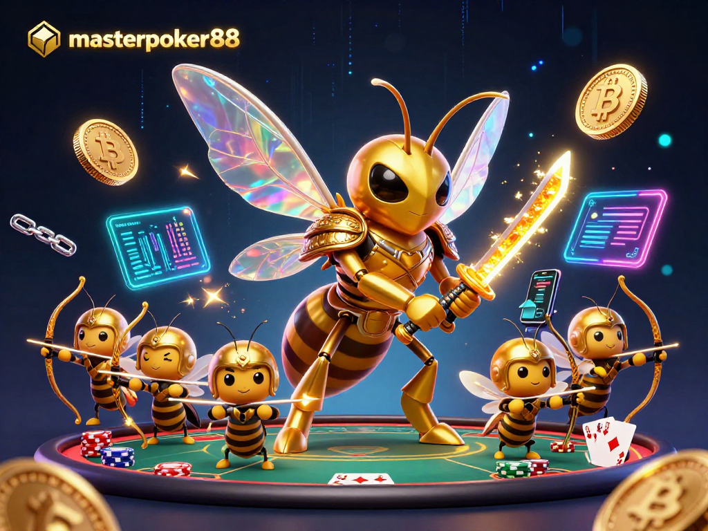 Gambarkan strategi poker di masterpoker88 dengan raja dan chip poker dalam suasana magis.