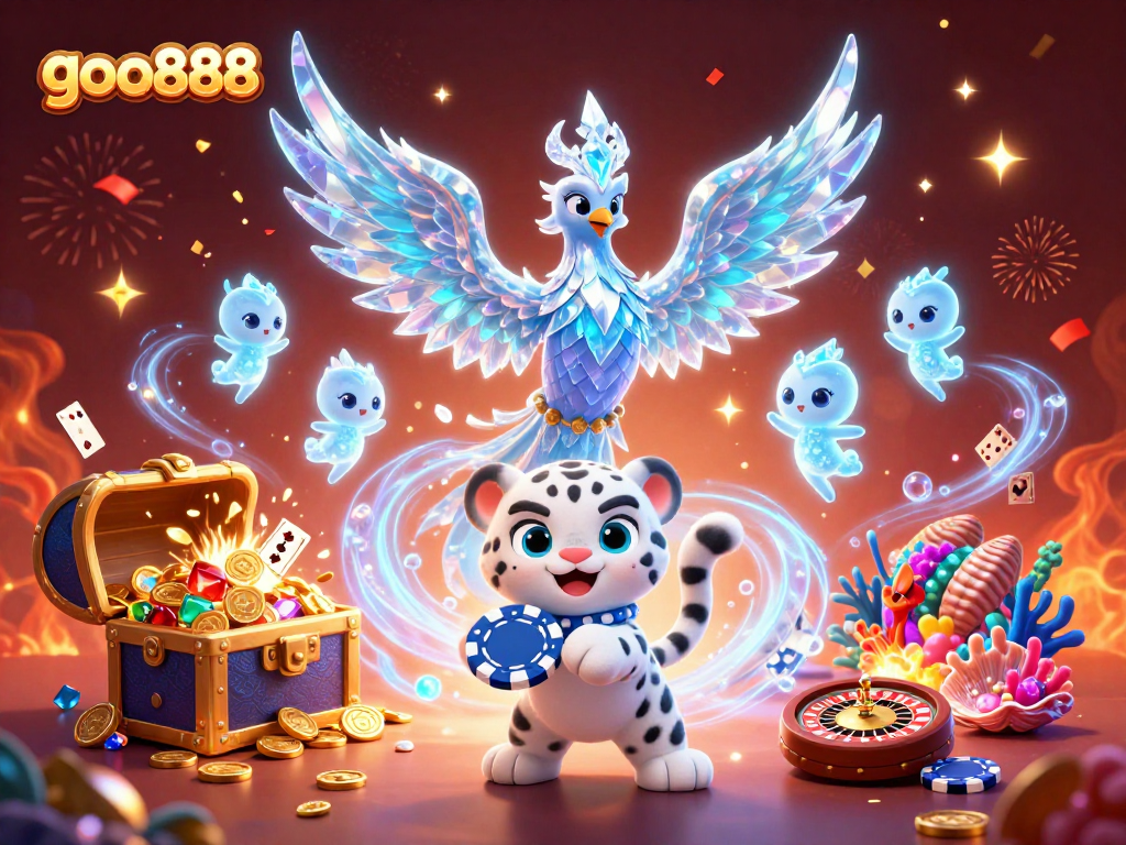 Experience thrilling wins at goo888 with the ice phoenix, playful snow leopard, and vibrant casino elements exploding with excitement.