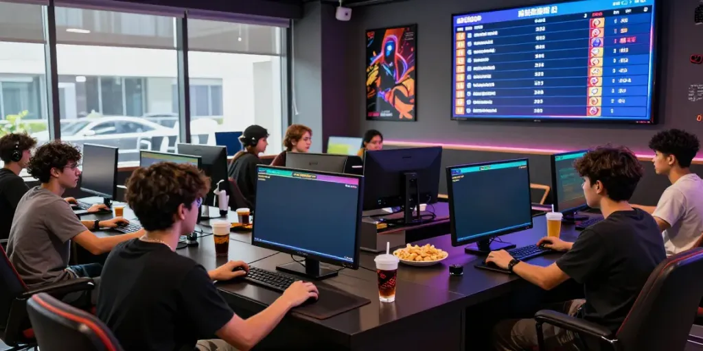 Exciting urban gaming lounge featuring players engaged in slot gacor games.