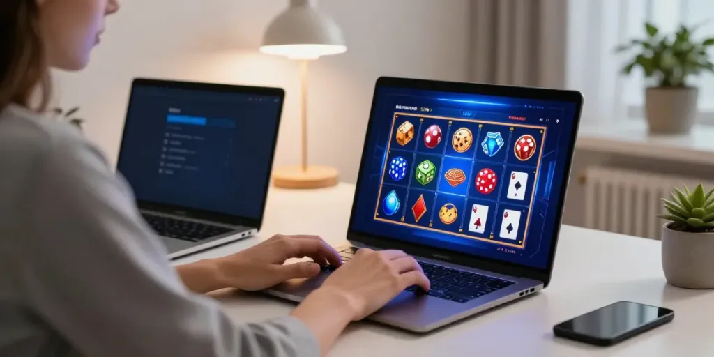 Gamer menggunakan laptop untuk bermain toto slot dengan dekorasi modern.