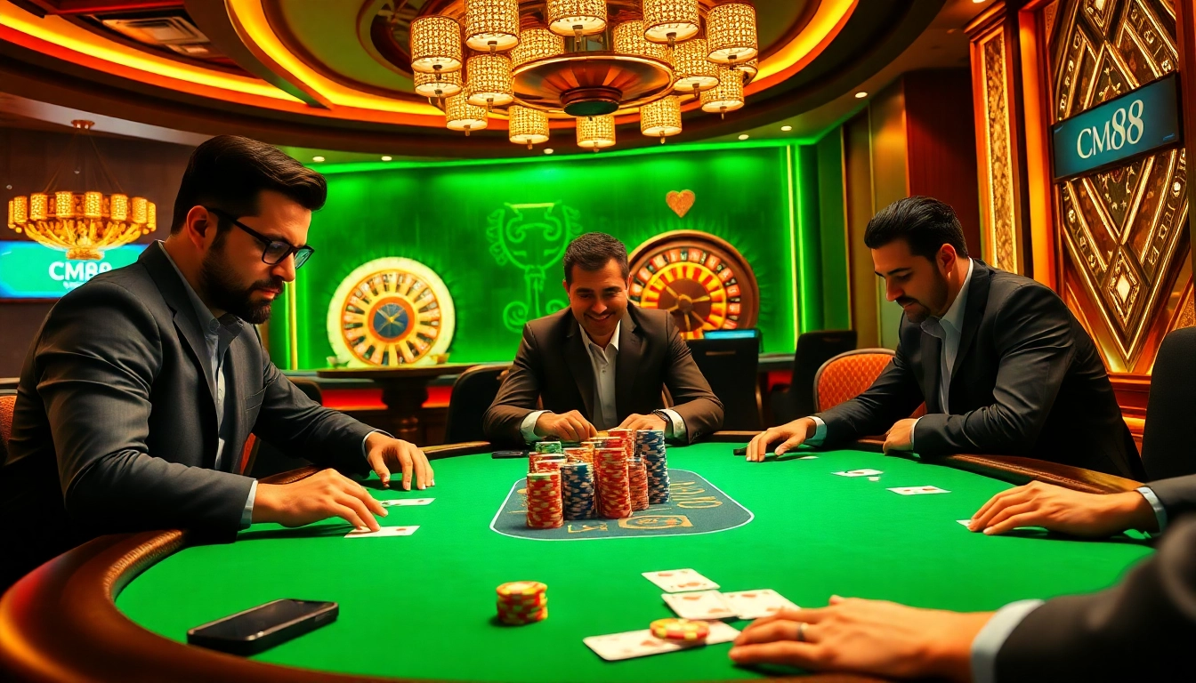 Experience the excitement of casino gaming with CM88 as players engage at a vibrant poker table.