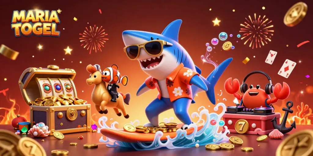 MARIATOGEL celebrates winning with a festive underwater casino scene filled with vibrant characters and golden coins.
