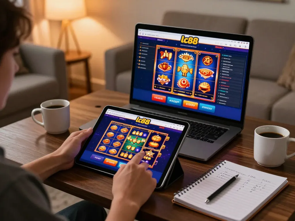 Engaging player using lc88 platform on tablet for online gambling in cozy home setting.
