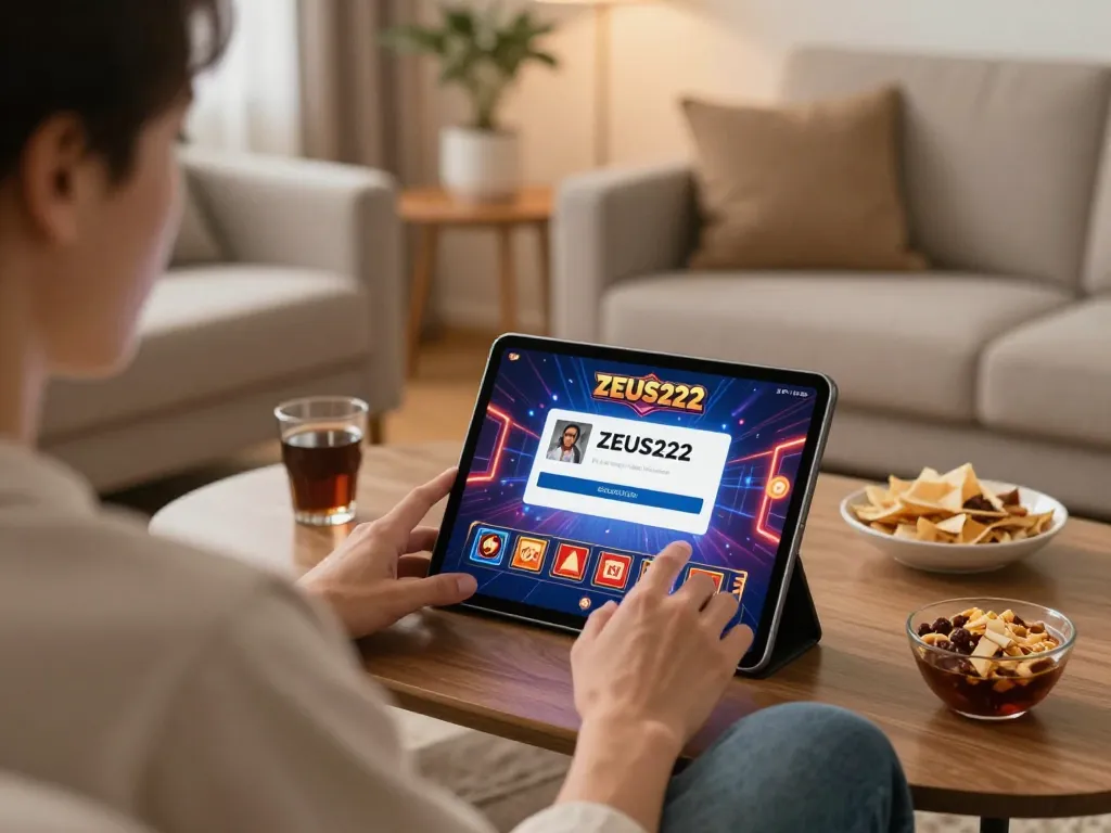Engaging home gaming scene featuring ZEUS222 online slot play on tablet in cozy living space.