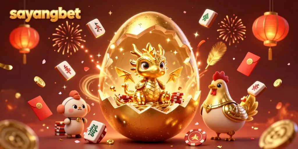 Experience the thrill of sayangbet with a golden dragon and dynamic casino elements in this vibrant illustration.