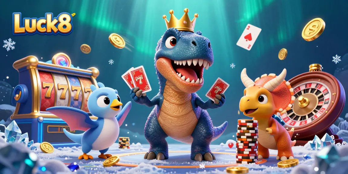 Luck8 showcases exciting casino action with characters managing cards and chips amidst dynamic elements.