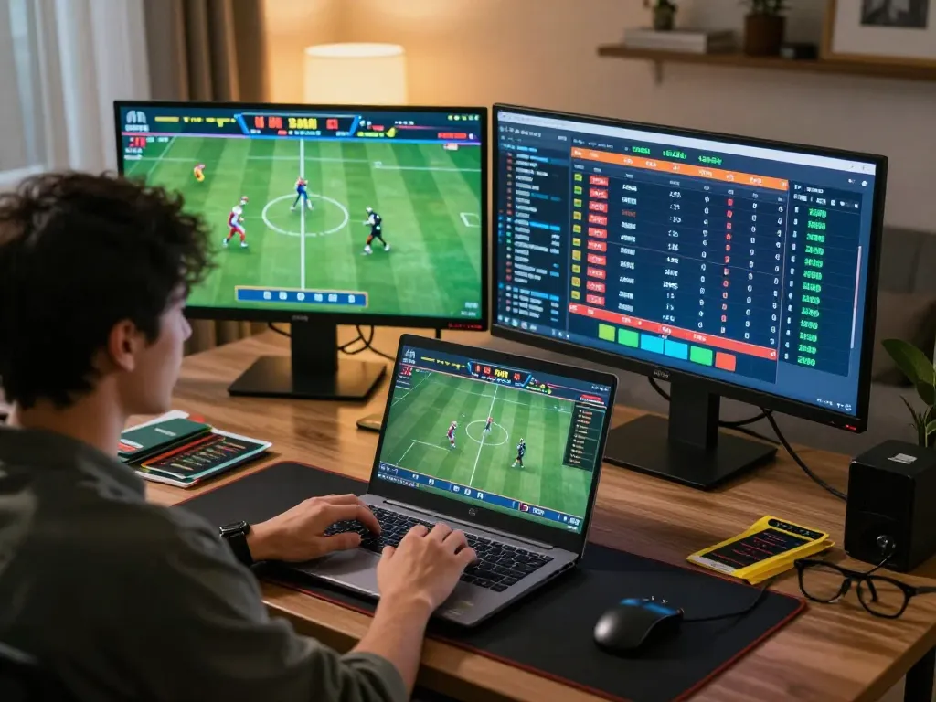 Player using 28bets platform on a laptop for live sports betting in a modern home office