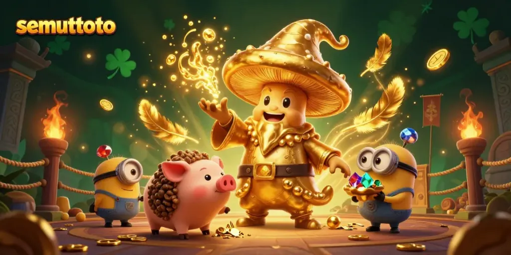 Scene permainan utama dengan konsep semuttoto, memperlihatkan keajaiban dan harta karun di dunia togel online.