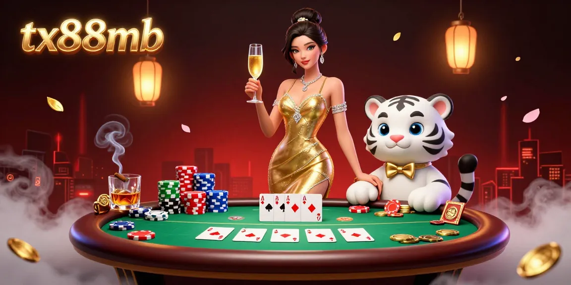 Experience excitement with tx88mb as a glamorous woman toasts beside a lucky tiger cub amidst vibrant poker action.