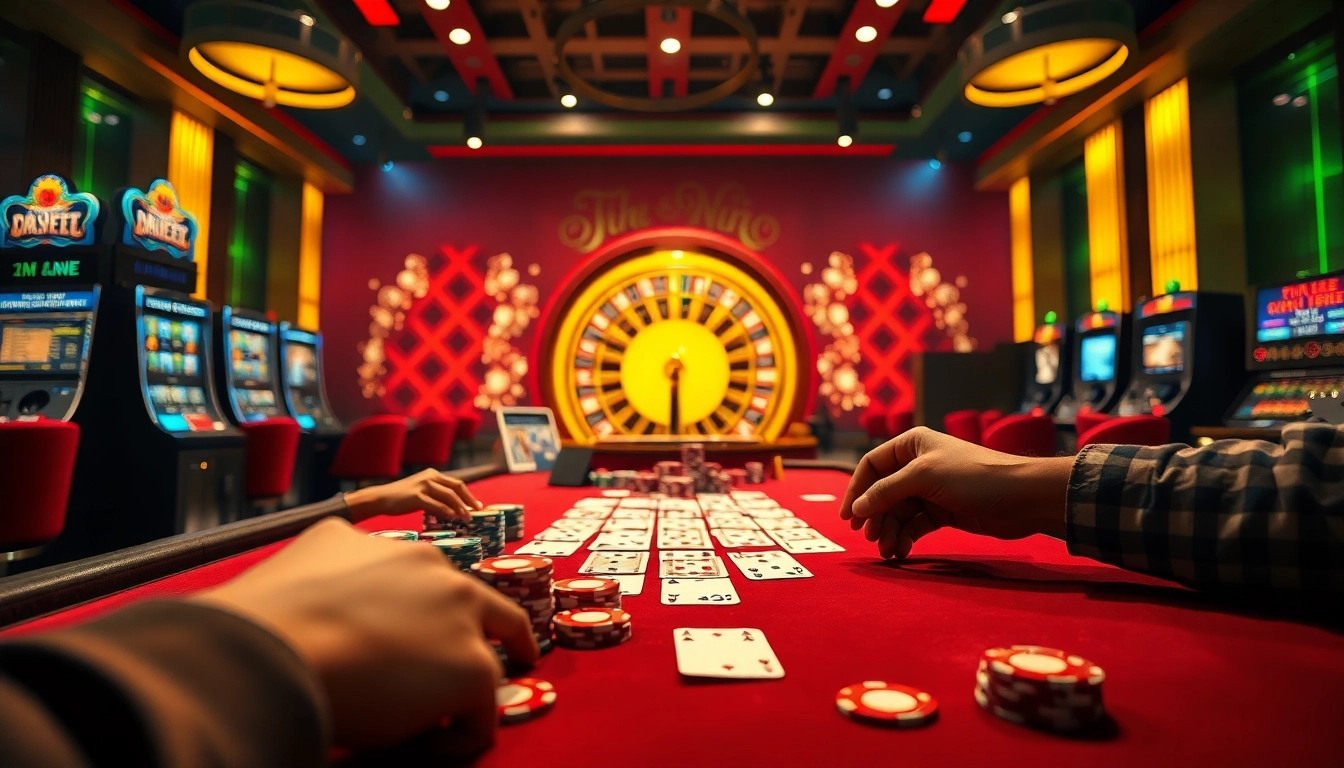 Exciting casino atmosphere with poker players betting on 7m tỷ lệ odds at a vibrant table.