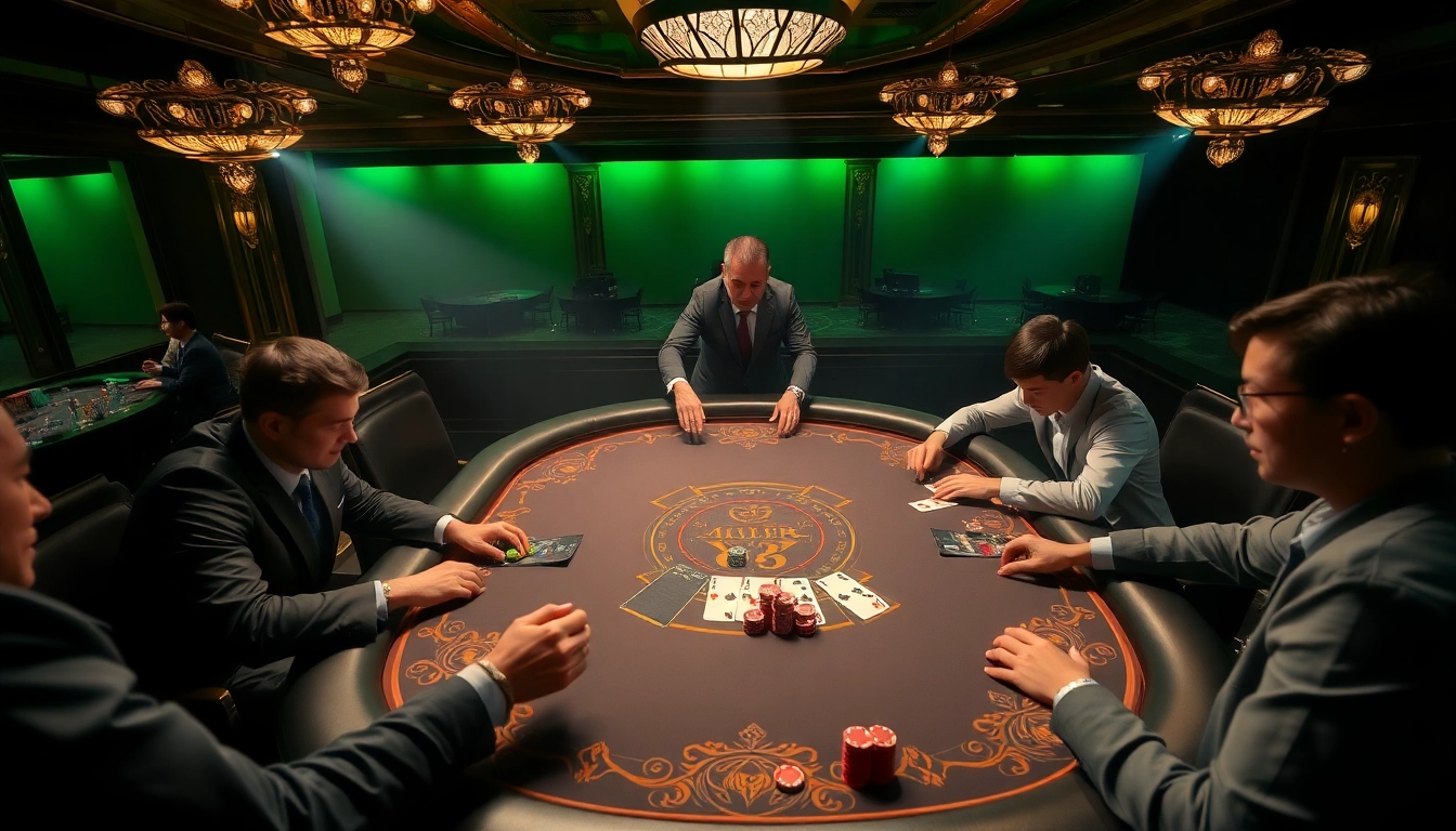 Experience thrilling idn poker action at a sophisticated casino table with vibrant poker chips and engaged players.