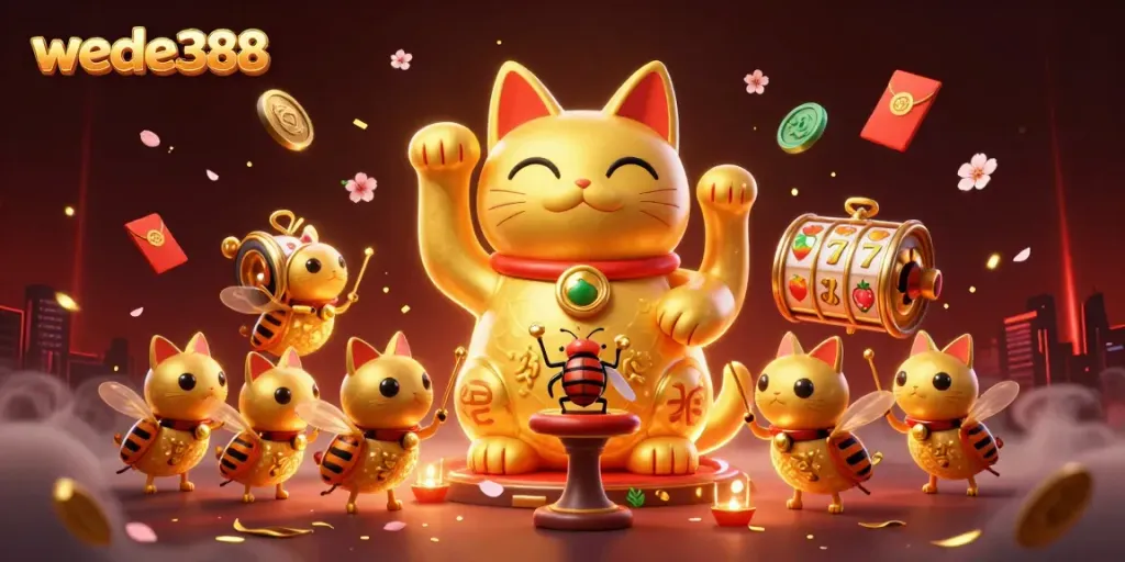 Wede388 menampilkan kucing keberuntungan raksasa berbentuk dari kunang-kunang, dikelilingi simbol-simbol kasino.
