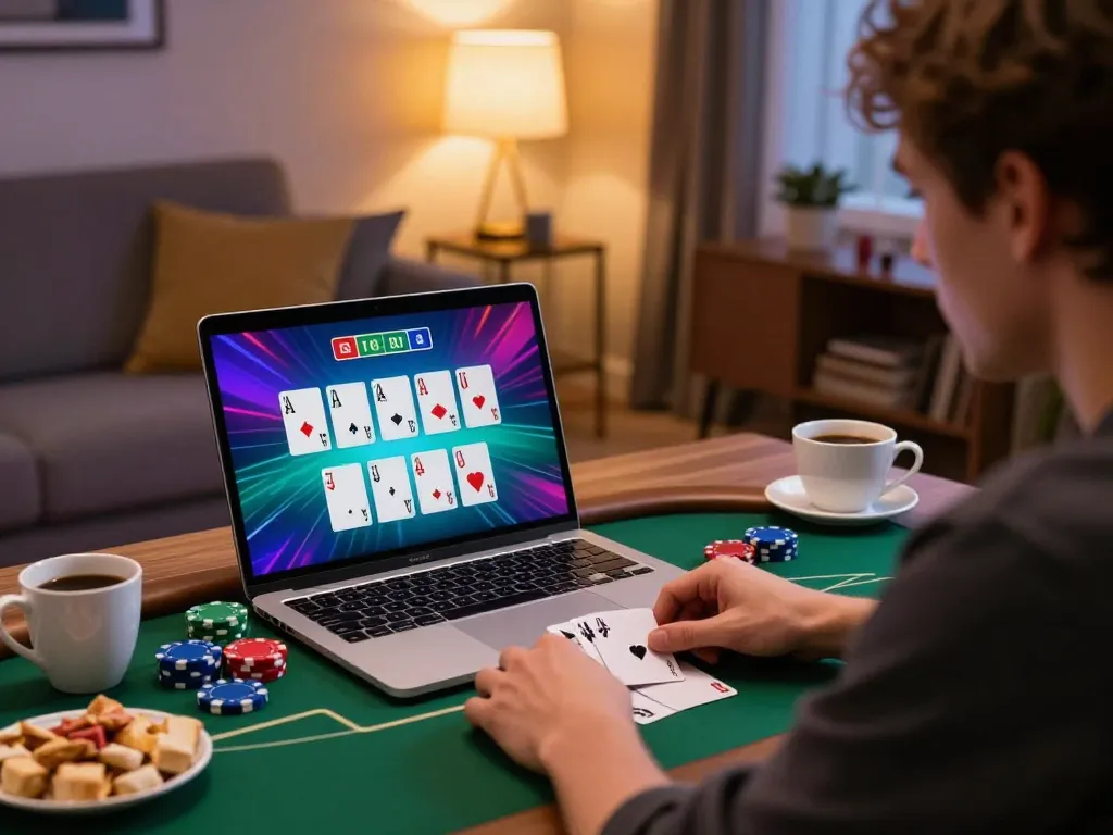 UG88 player strategizing during live online poker game, showcasing immersive gaming experience.