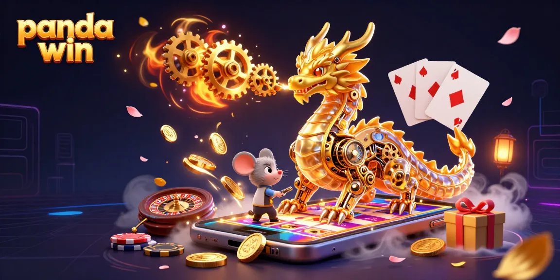 Engage with the panda win brand in a vibrant 3D scene depicting a golden dragon amidst casino elements like slot games and poker chips.