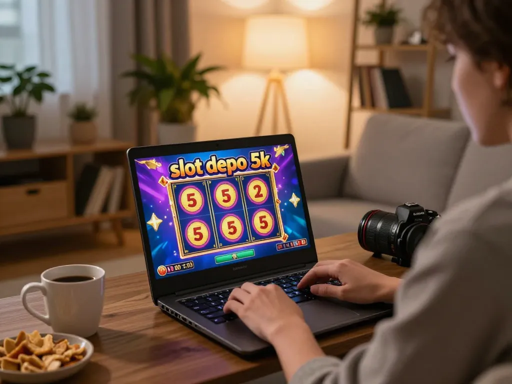 Engaging user playing slot depo 5k on laptop in cozy living room