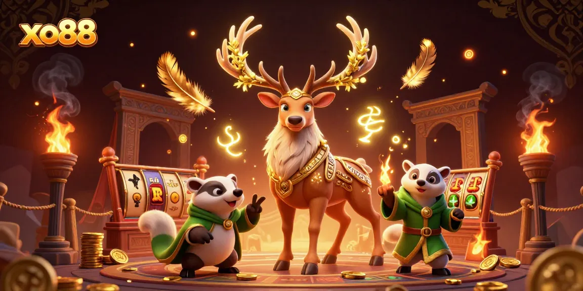 Experience the thrill of xo88 with a vivid illustration of Celtic characters amidst slot reels and golden coins.