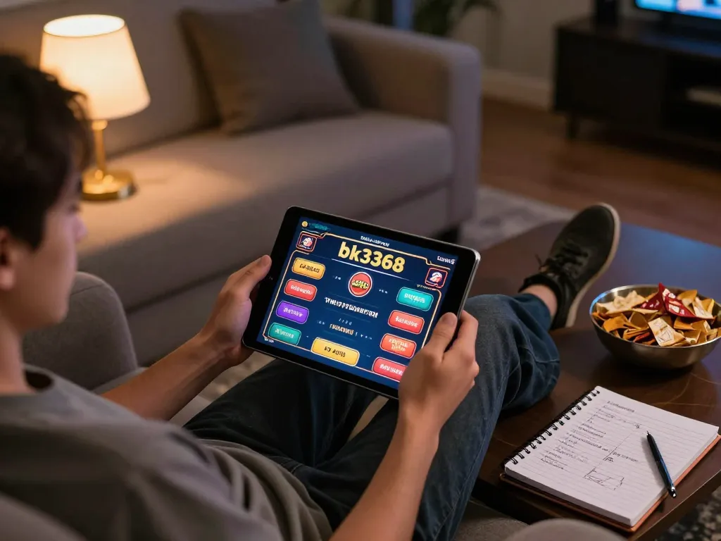 Person engaged in online gaming on bk3368, featuring tablet gameplay and strategic notes in a cozy setting.