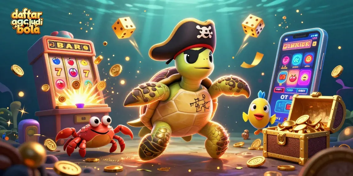 Experience fun betting at daftar agen judi bola with a pirate turtle and treasure scene.
