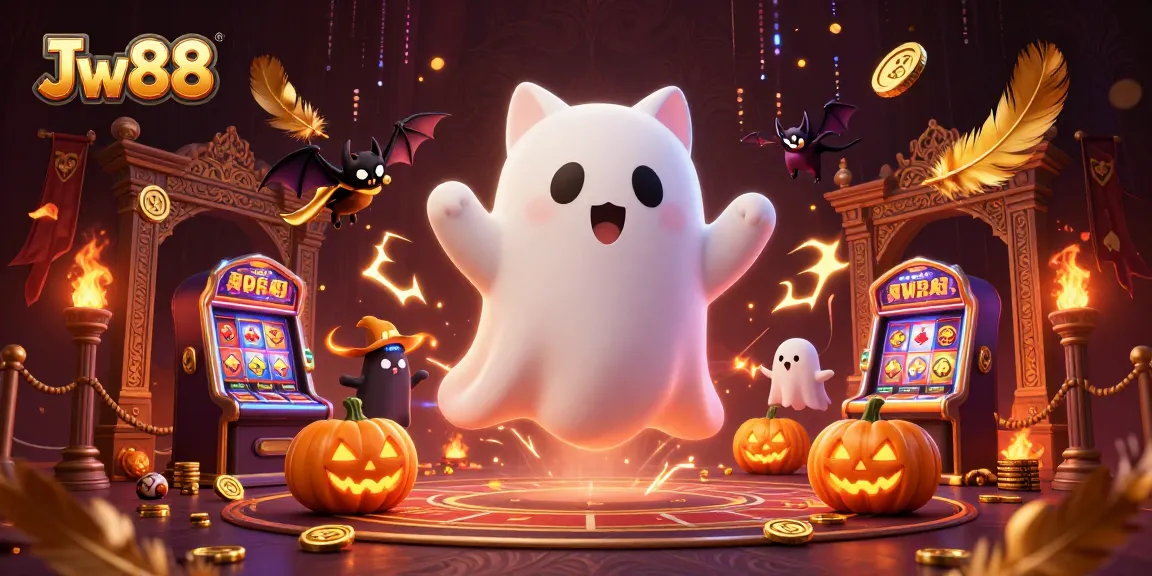 Engage in exciting gameplay with Jw88 at a vibrant haunted casino filled with glowing characters.