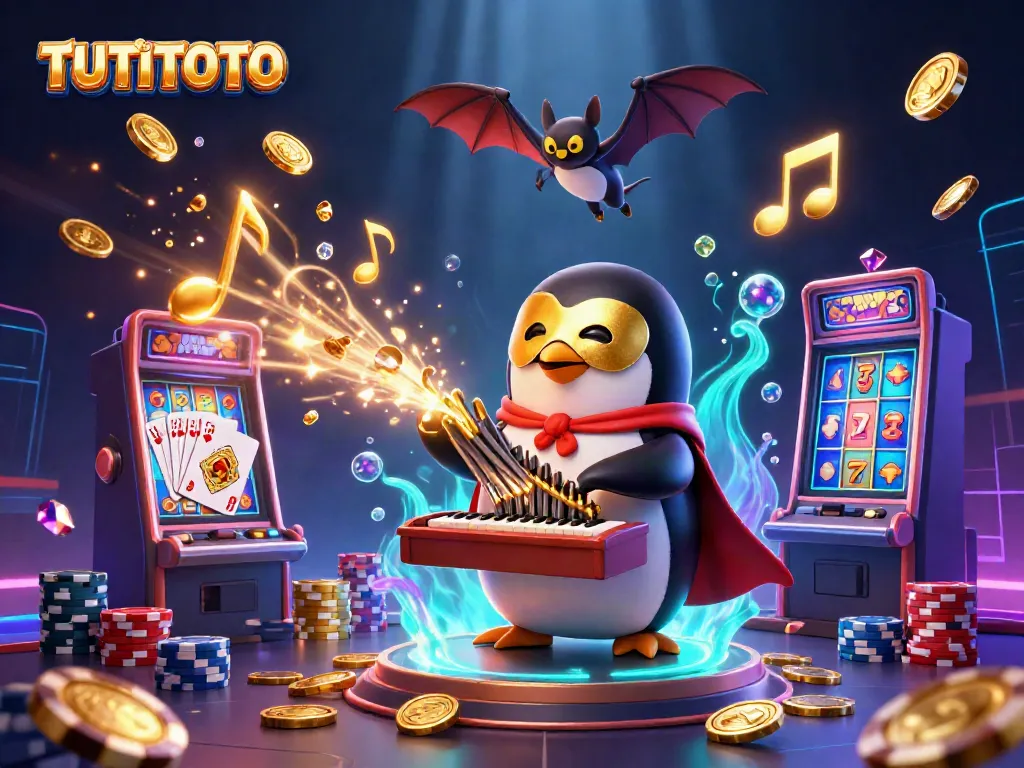 TUTITOTO casino scene featuring a playful penguin organist, colorful slot machine, and vibrant casino elements.