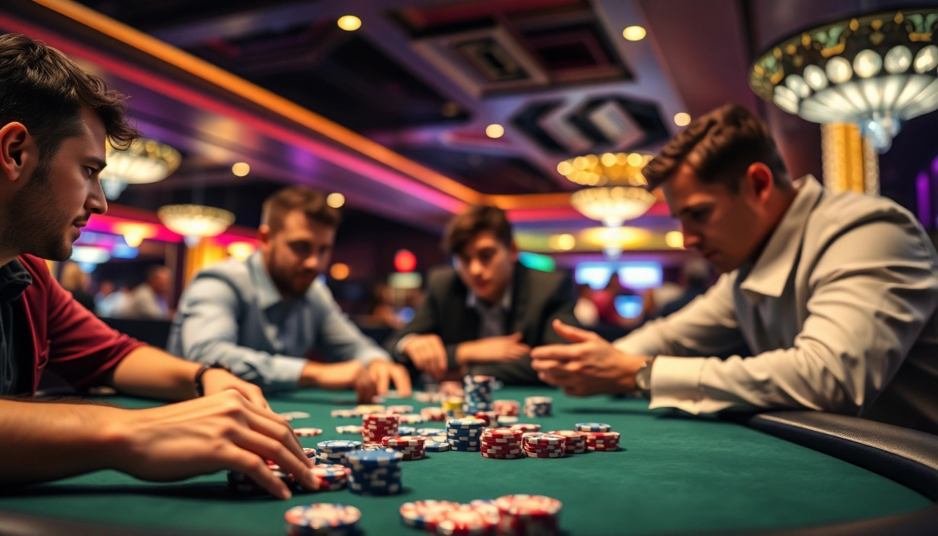 Pemain poker yang intens dengan kartu bbtn4d di meja kasino, suasana meriah dan berwarna.