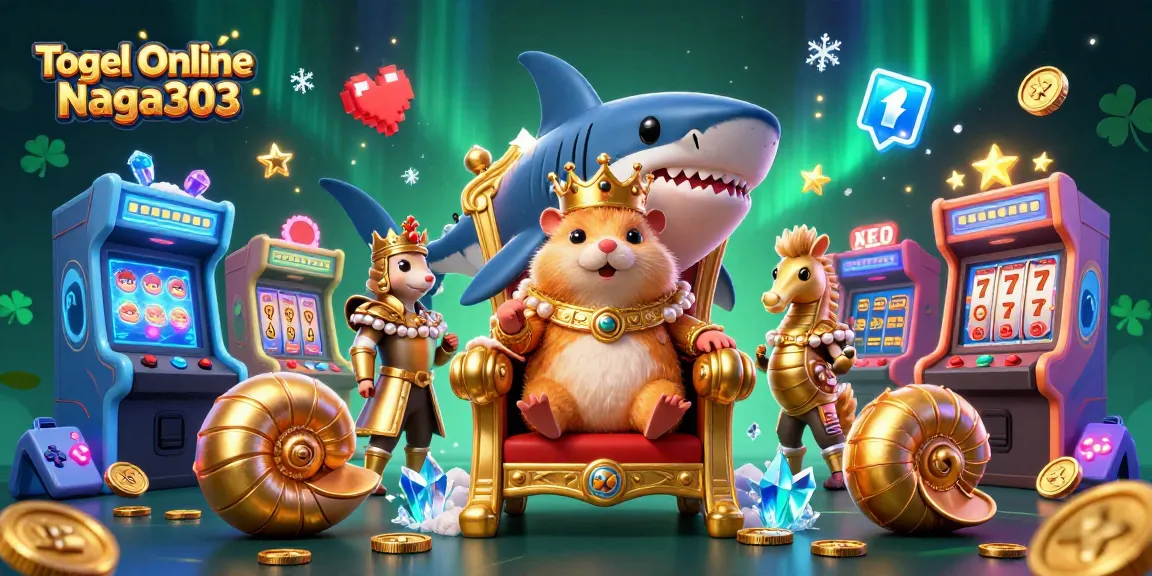 Engage with Togel Online Naga303 through this vibrant illustration featuring a golden hamster king amidst rich gaming elements.
