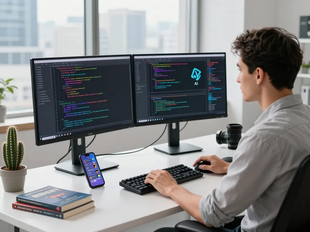 Engaged developer using crush ai tools in a modern tech workspace with dual monitors.