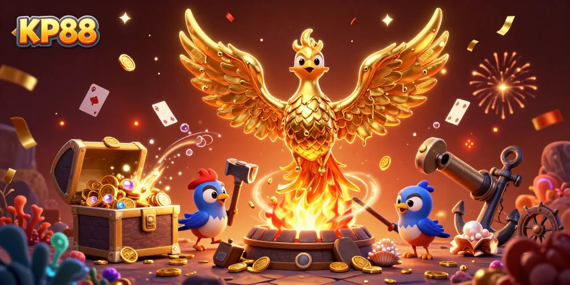 Experience winning with KP88 as the golden phoenix rises amongst treasures and gaming excitement.