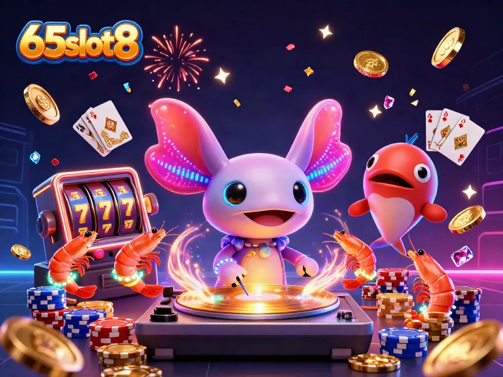 Experience exciting wins at 65slot8 with vibrant casino-themed 3D illustration featuring an axolotl DJ and dynamic game elements.
