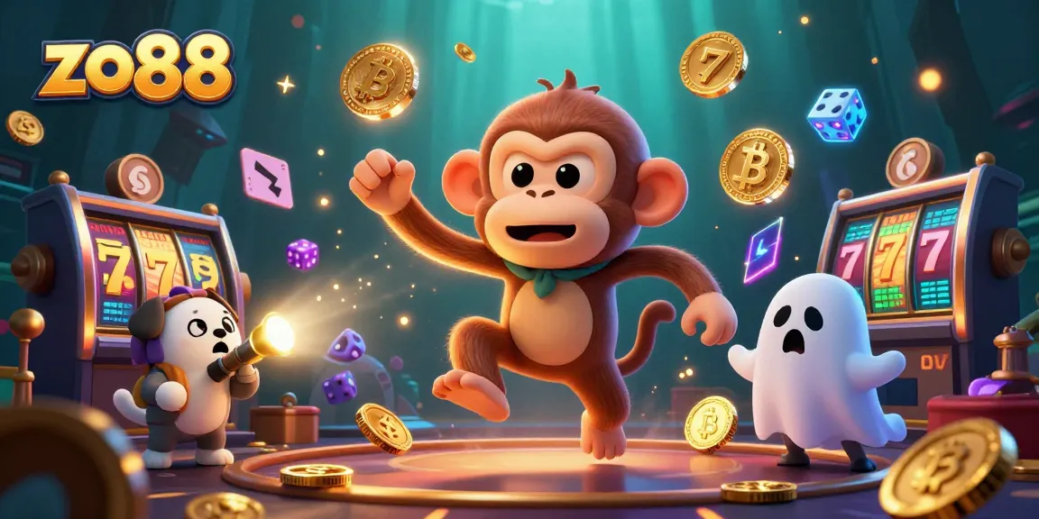 Experience thrilling moments at zo88 with a mischievous monkey and ghost-hunter puppy in a vibrant casino scene.