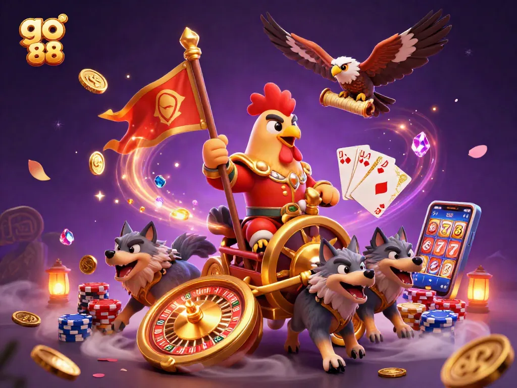 Experience thrilling gameplay at go 88 with a detailed illustration of a rooster warlord and dynamic casino elements.