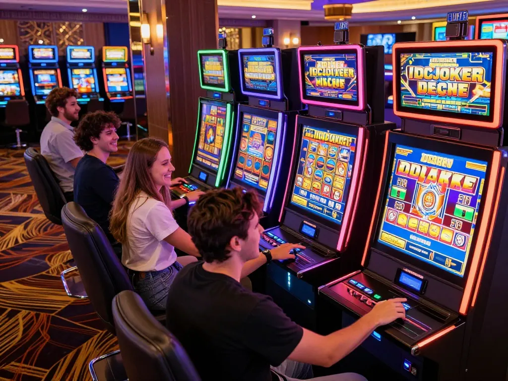 IDCJOKER players enjoying thrilling slot machine gameplay in a vibrant casino setting.