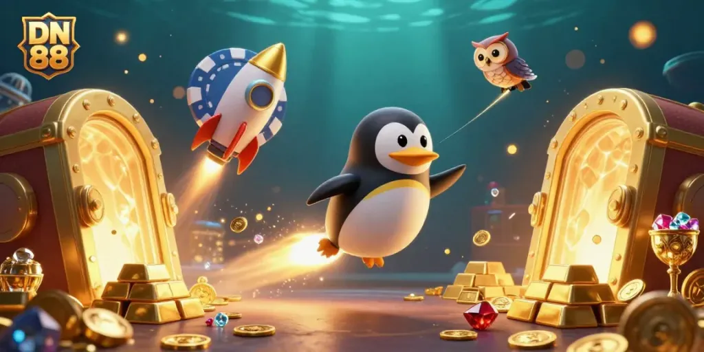 Experience the thrill of DN 88 with a golden penguin soaring toward a vibrant casino in space.