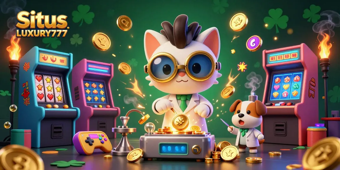Situs LUXURY777 menghadirkan ilustrasi hiburan kasino dengan karakter lucu di laboratorium menciptakan mesin reproduksi koin emas.